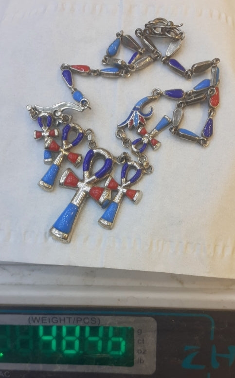 Necklace Ankh tricolour Lapis Lazuli, Turquoise, carnelian, Sterling Silver 925