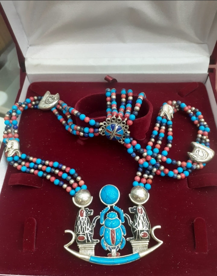 Necklace with multicolour Amulet, big pendant, Egypt, Scarab, Djehuti Toth Monkeys, Sterling Silver 925