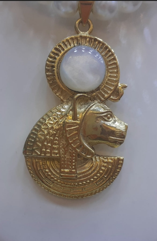Necklace Pearl choker with Sekhmet Pendant gold plated, Lion Goddess