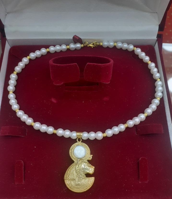 Necklace Pearl choker with Sekhmet Pendant gold plated, Lion Goddess