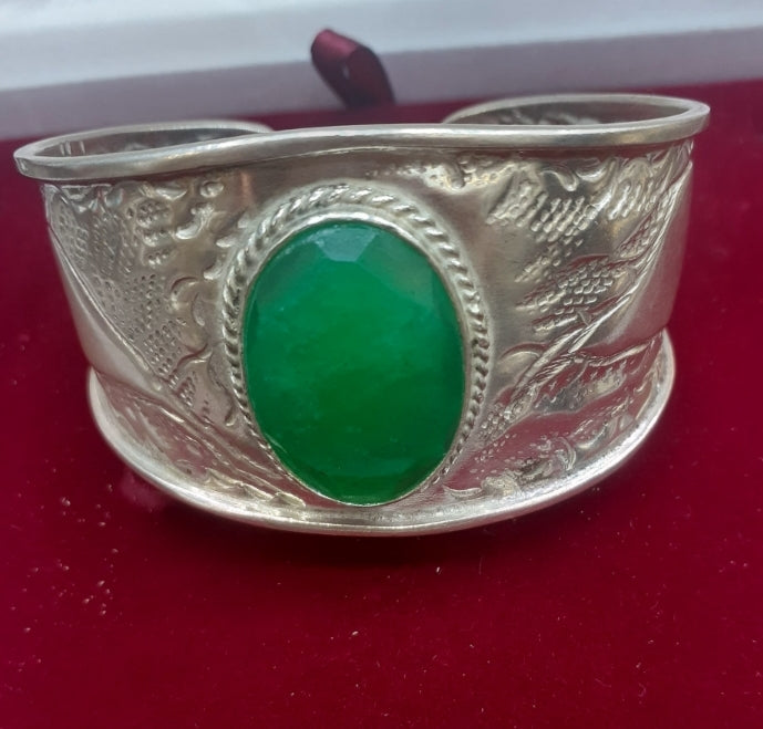 Bracelet Cuff Green Jade, Sterling Silver 925
