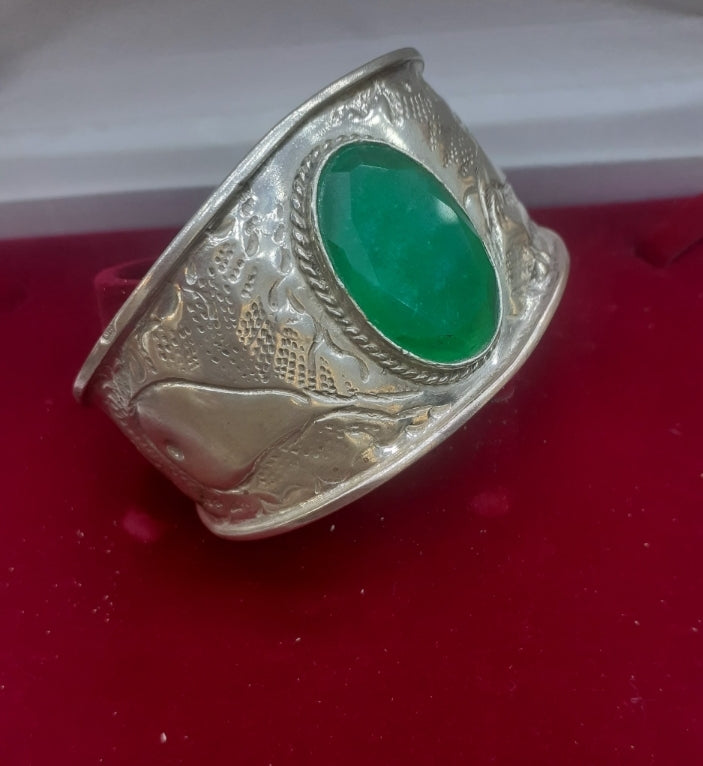 Bracelet Cuff Green Jade, Sterling Silver 925