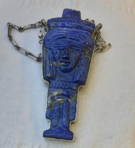 Necklace chain with Goddess Hathor big pendant Lapis Lazuli, Sterling Silver 925.