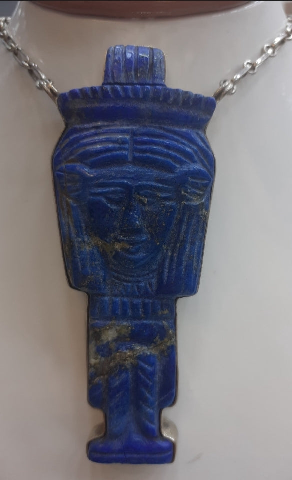 Necklace chain with Goddess Hathor big pendant Lapis Lazuli, Sterling Silver 925.