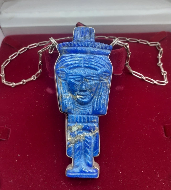 Necklace chain with Goddess Hathor big pendant Lapis Lazuli, Sterling Silver 925.