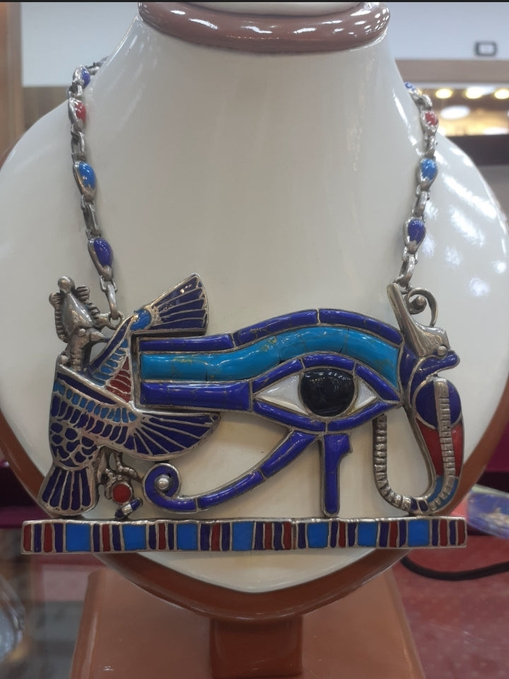 Necklace multicolour Amulet with chain, big pendant, Eye of Horuz, Sterling Silver 925