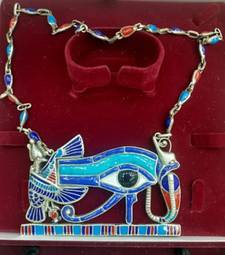 Necklace multicolour Amulet with chain, big pendant, Eye of Horuz, Sterling Silver 925