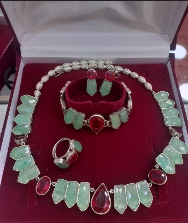 Bracelet green Jade, Ruby (pigeonblood) Sterling Silver 925