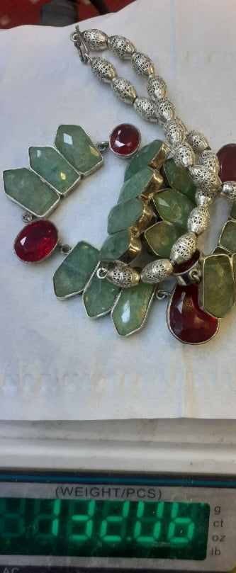 Necklace green Jade, Ruby (pigeonblood) Sterling Silver 925