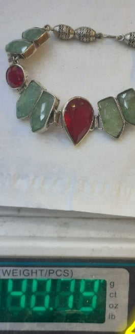 Bracelet green Jade, Ruby (pigeonblood) Sterling Silver 925