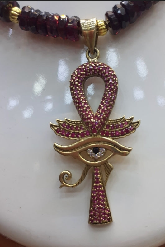 Necklace Ruby discs with pendant Ankh and Eye of Horus