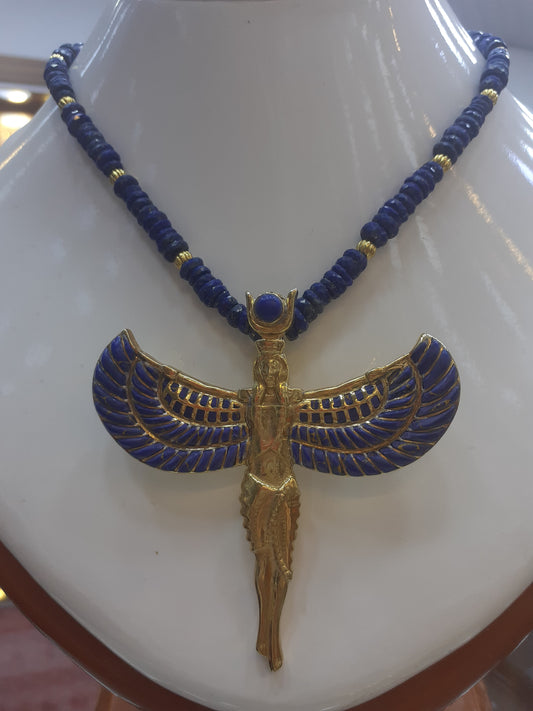 Necklace Lapis Lazuli, Pendant goldplated ancient Egyptian Goddess Hathor