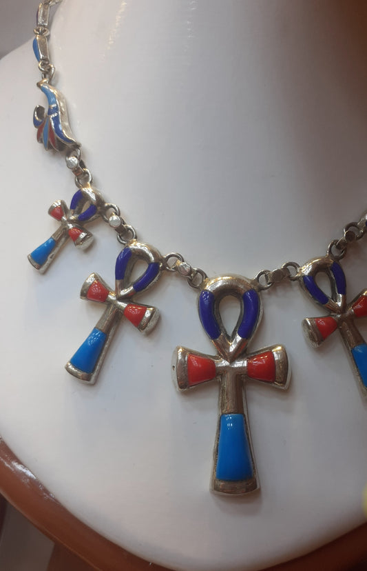 Necklace Ankh tricolour Lapis Lazuli, Turquoise, carnelian, Sterling Silver 925
