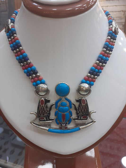 Necklace with multicolour Amulet, big pendant, Egypt, Scarab, Djehuti Toth Monkeys, Sterling Silver 925