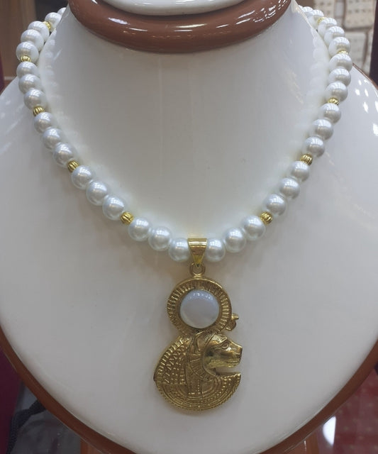 Necklace Pearl choker with Sekhmet Pendant gold plated, Lion Goddess