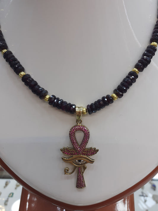 Necklace Ruby discs with pendant Ankh and Eye of Horus
