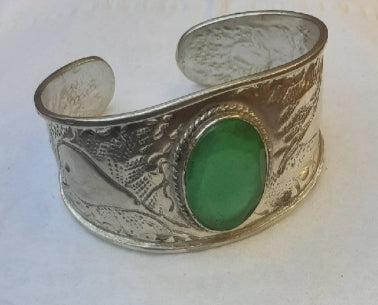 Bracelet Cuff Green Jade, Sterling Silver 925