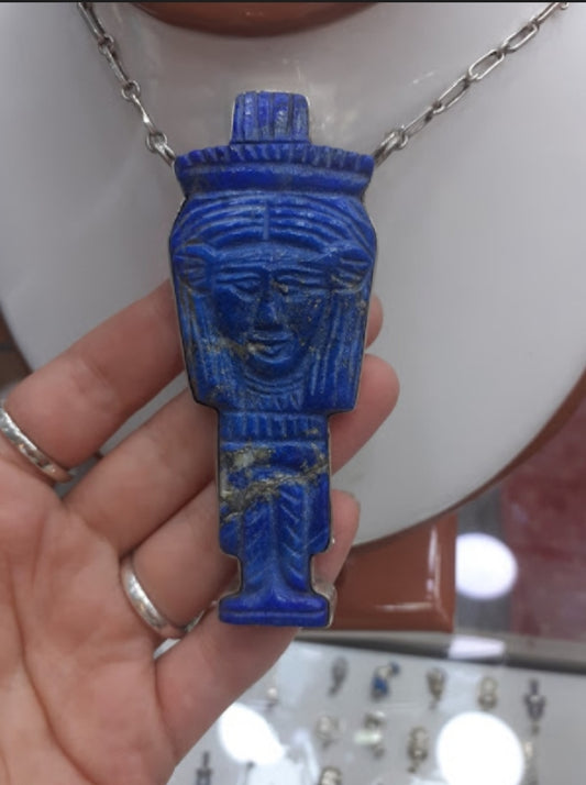 Necklace chain with Goddess Hathor big pendant Lapis Lazuli, Sterling Silver 925.