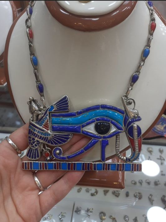 Necklace multicolour Amulet with chain, big pendant, Eye of Horuz, Sterling Silver 925