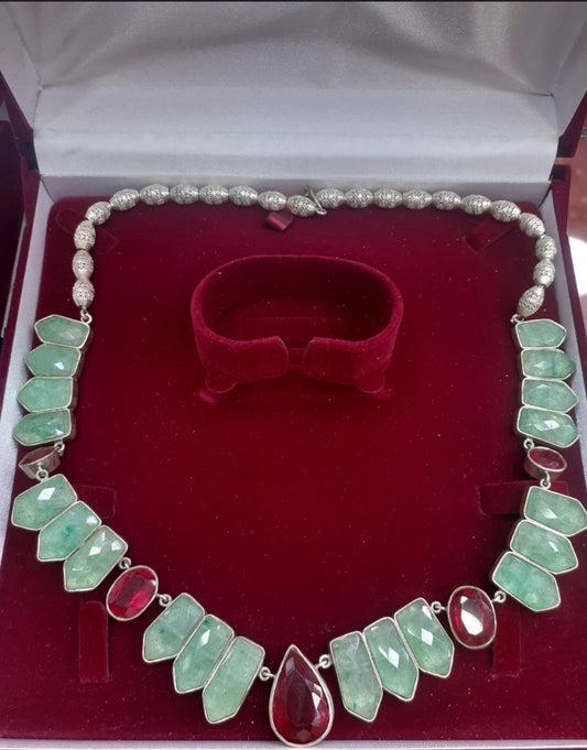 Necklace green Jade, Ruby (pigeonblood) Sterling Silver 925