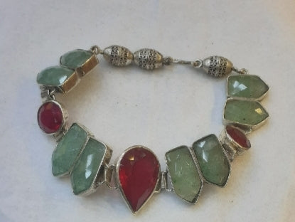 Bracelet green Jade, Ruby (pigeonblood) Sterling Silver 925